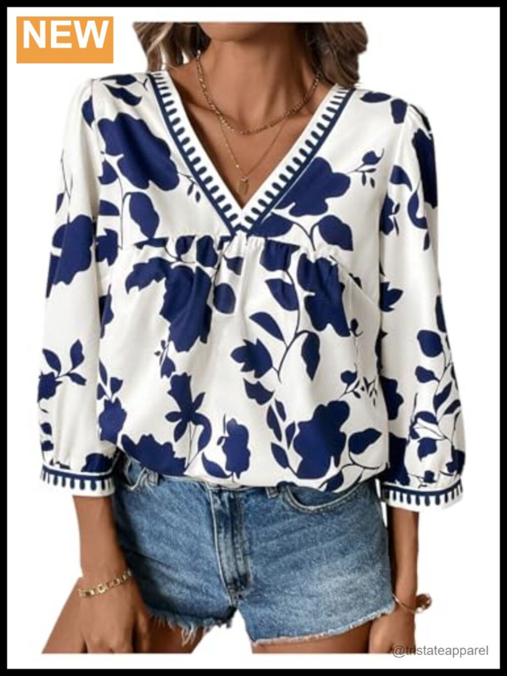 Boho Floral Peasant Blouse 3/4 Sleeve V Neck Loose Fit